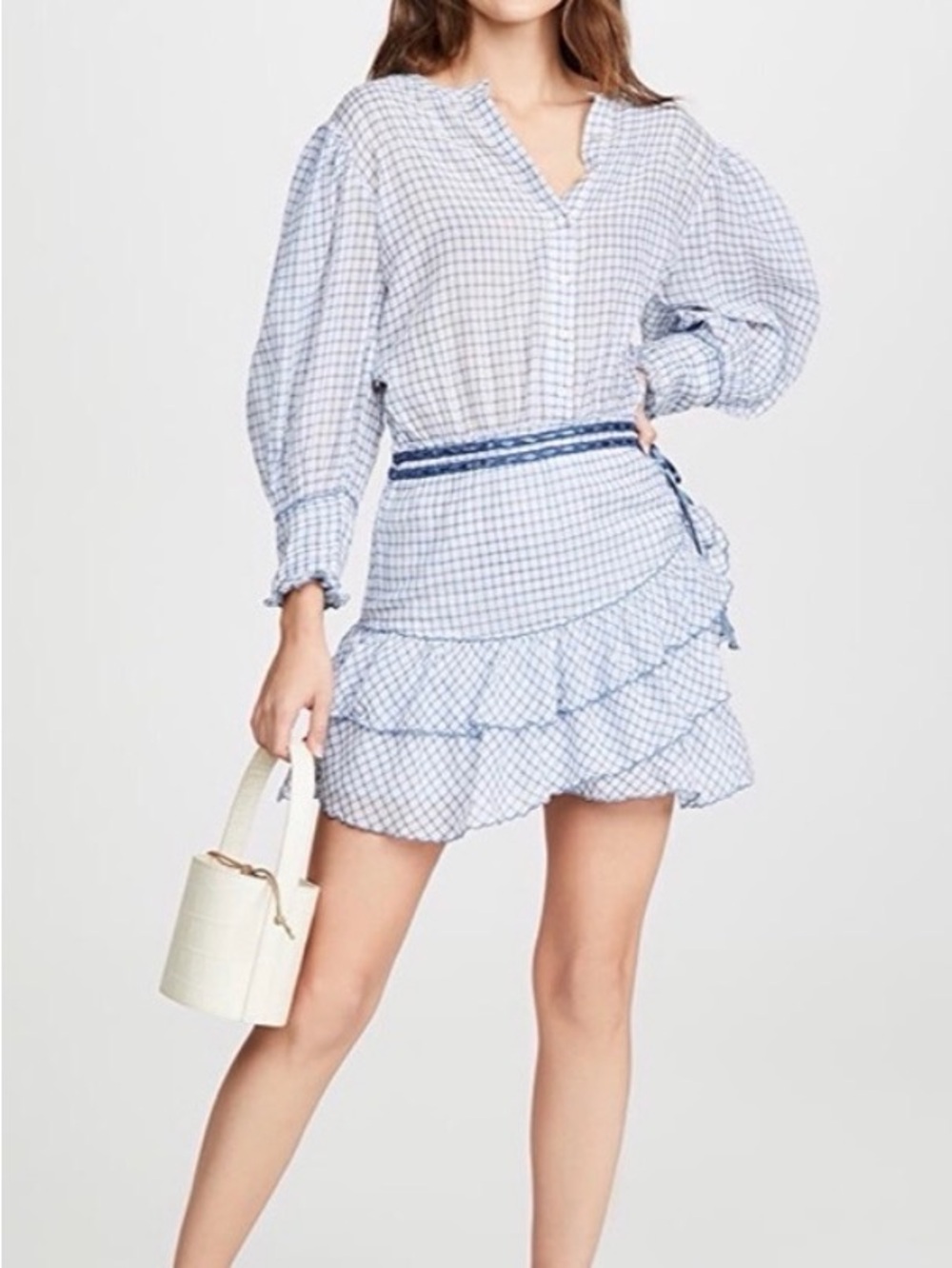 NWOT LoveShackFancy Blue Gingham Ruffle Mini Dress Size Small